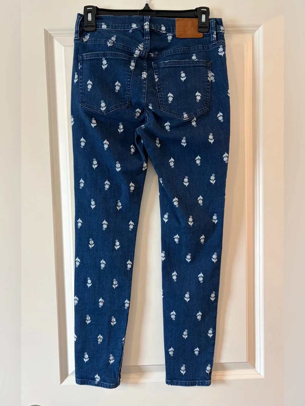 J. Crew Dark Blue Skinny Jeans with White Floral Motif
